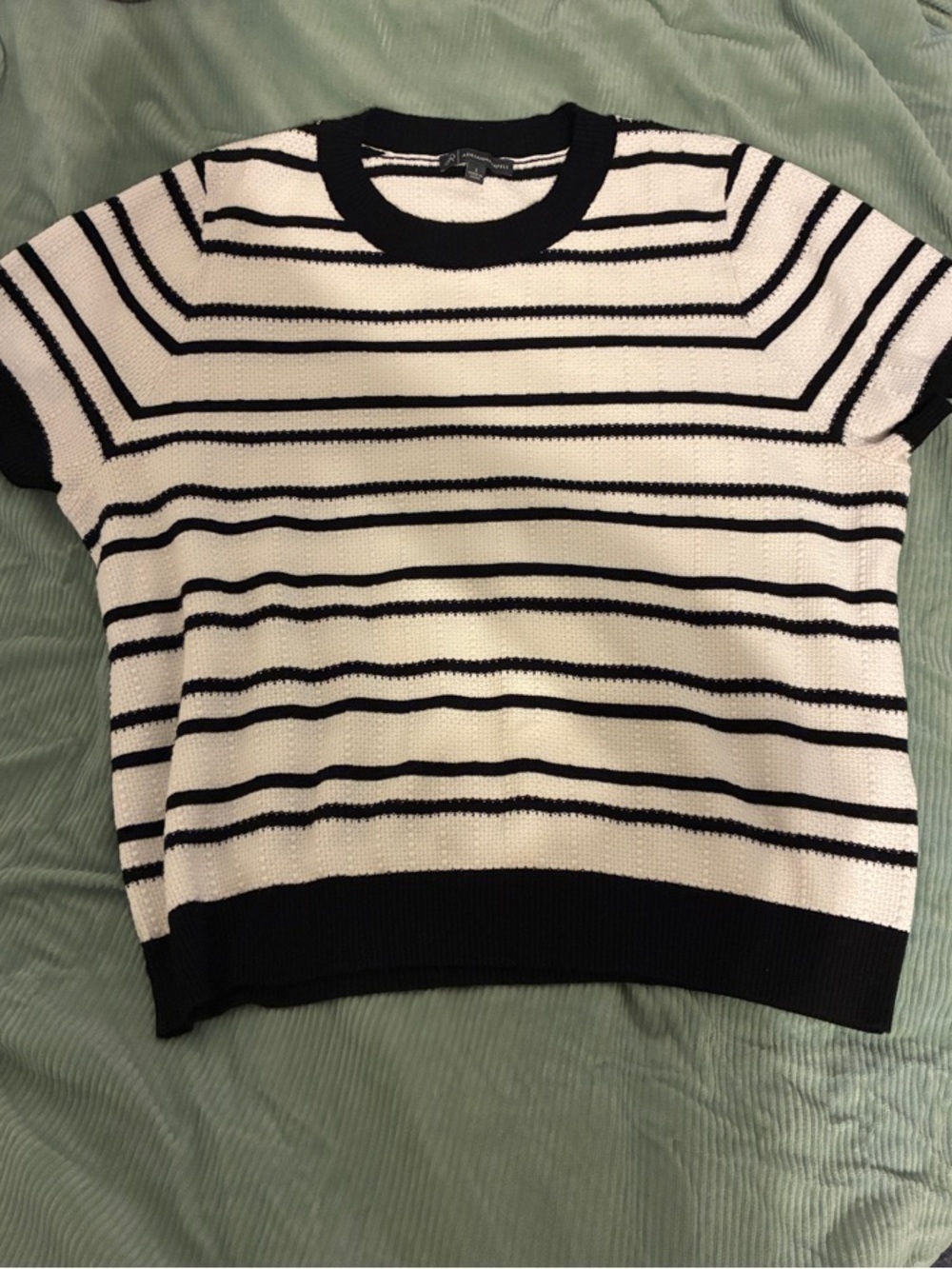 Adrianna Papell Black and White Striped Short Sleeve Sweater